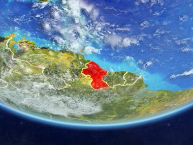 Guyana gerçekçi bir model ülke sınırları ve çok detaylı gezegenin yüzey ve bulutlar Dünya gezegeni üzerinde. 3D çizim. Nasa tarafından döşenmiş bu görüntü unsurları.