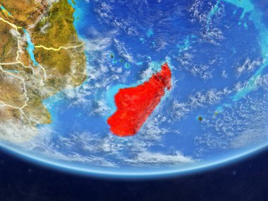 Madagaskar gerçekçi bir model ülke sınırları ve çok detaylı gezegenin yüzey ve bulutlar Dünya gezegeni. 3D çizim. Nasa tarafından döşenmiş bu görüntü unsurları.
