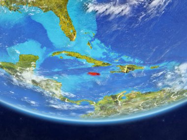 Jamaika ülke sınırları ve çok detaylı gezegenin yüzey ve bulutlar Dünya gezegeninin gerçekçi model üzerinde. 3D çizim. Nasa tarafından döşenmiş bu görüntü unsurları.