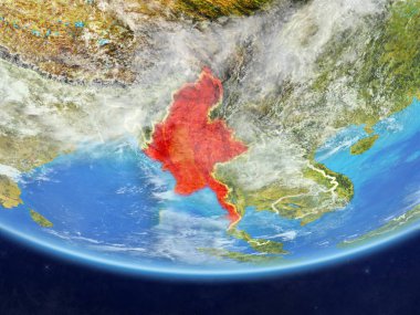 Myanmar ülke sınırları ve çok detaylı gezegenin yüzey ve bulutlar Dünya gezegeninin gerçekçi model üzerinde. 3D çizim. Nasa tarafından döşenmiş bu görüntü unsurları.