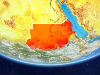 Sudan gerçekçi bir model ülke sınırları ve çok detaylı gezegenin yüzey ve bulutlar Dünya gezegeni üzerinde. 3D çizim. Nasa tarafından döşenmiş bu görüntü unsurları.