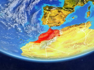 Fas gerçekçi bir model ülke sınırları ve çok detaylı gezegenin yüzey ve bulutlar Dünya gezegeni üzerinde. 3D çizim. Nasa tarafından döşenmiş bu görüntü unsurları.