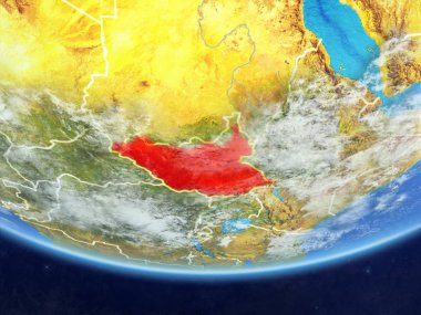 Güney Sudan gerçekçi bir model ülke sınırları ve çok detaylı gezegenin yüzey ve bulutlar Dünya gezegeni üzerinde. 3D çizim. Nasa tarafından döşenmiş bu görüntü unsurları.