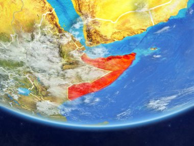 Somali gerçekçi bir model ülke sınırları ve çok detaylı gezegenin yüzey ve bulutlar Dünya gezegeni üzerinde. 3D çizim. Nasa tarafından döşenmiş bu görüntü unsurları.