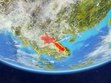 Laos gerçekçi bir model ülke sınırları ve çok detaylı gezegenin yüzey ve bulutlar Dünya gezegeni üzerinde. 3D çizim. Nasa tarafından döşenmiş bu görüntü unsurları.