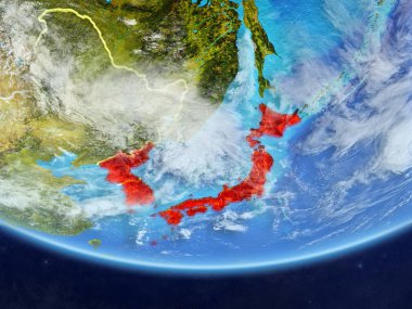Japonya ve Kore gerçekçi bir model ülke sınırları ve çok detaylı gezegenin yüzey ve bulutlar Dünya gezegeni üzerinde. 3D çizim. Nasa tarafından döşenmiş bu görüntü unsurları.