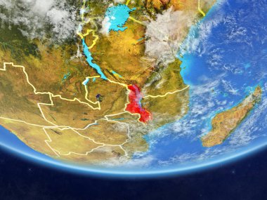Malavi gerçekçi bir model ülke sınırları ve çok detaylı gezegenin yüzey ve bulutlar Dünya gezegeni üzerinde. 3D çizim. Nasa tarafından döşenmiş bu görüntü unsurları.