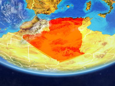 Cezayir gerçekçi bir model ülke sınırları ve çok detaylı gezegenin yüzey ve bulutlar Dünya gezegeni üzerinde. 3D çizim. Nasa tarafından döşenmiş bu görüntü unsurları.