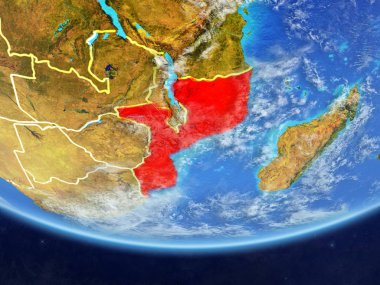 Mozambik gerçekçi bir model ülke sınırları ve çok detaylı gezegenin yüzey ve bulutlar Dünya gezegeni üzerinde. 3D çizim. Nasa tarafından döşenmiş bu görüntü unsurları.