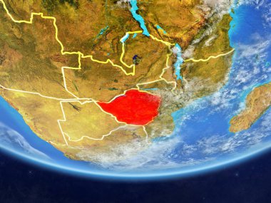 Zimbabve gerçekçi bir model ülke sınırları ve çok detaylı gezegenin yüzey ve bulutlar Dünya gezegeni üzerinde. 3D çizim. Nasa tarafından döşenmiş bu görüntü unsurları.