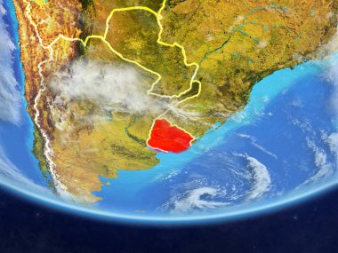 Uruguay gerçekçi bir model ülke sınırları ve çok detaylı gezegenin yüzey ve bulutlar Dünya gezegeni üzerinde. 3D çizim. Nasa tarafından döşenmiş bu görüntü unsurları.