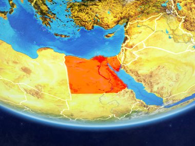 Mısır gerçekçi bir model ülke sınırları ve çok detaylı gezegenin yüzey ve bulutlar Dünya gezegeni üzerinde. 3D çizim. Nasa tarafından döşenmiş bu görüntü unsurları.