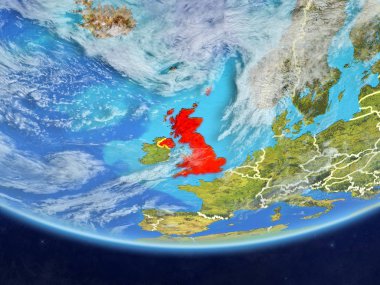 Gerçekçi bir model ülke sınırları ve çok detaylı gezegenin yüzey ve bulutlar Dünya gezegeni üzerinde İngiltere. 3D çizim. Nasa tarafından döşenmiş bu görüntü unsurları.