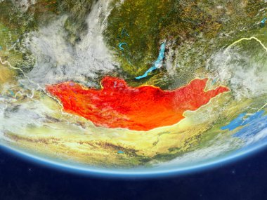Moğolistan ülke sınırları ve çok detaylı gezegenin yüzey ve bulutlar Dünya gezegeninin gerçekçi model üzerinde. 3D çizim. Nasa tarafından döşenmiş bu görüntü unsurları.