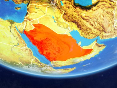 Suudi Arabistan gerçekçi bir model ülke sınırları ve çok detaylı gezegenin yüzey ve bulutlar Dünya gezegeni üzerinde. 3D çizim. Nasa tarafından döşenmiş bu görüntü unsurları.