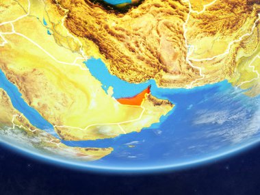 Birleşik Arap Emirlikleri gerçekçi bir model ülke sınırları ve çok detaylı gezegenin yüzey ve bulutlar Dünya gezegeni üzerinde. 3D çizim. Nasa tarafından döşenmiş bu görüntü unsurları.