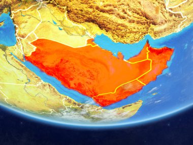 Arabistan gerçekçi bir model ülke sınırları ve çok detaylı gezegenin yüzey ve bulutlar Dünya gezegeni üzerinde. 3D çizim. Nasa tarafından döşenmiş bu görüntü unsurları.