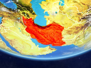 Iran gerçekçi bir model ülke sınırları ve çok detaylı gezegenin yüzey ve bulutlar Dünya gezegeni üzerinde. 3D çizim. Nasa tarafından döşenmiş bu görüntü unsurları.