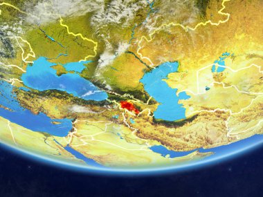 Ermenistan gerçekçi bir model ülke sınırları ve çok detaylı gezegenin yüzey ve bulutlar Dünya gezegeni üzerinde. 3D çizim. Nasa tarafından döşenmiş bu görüntü unsurları.