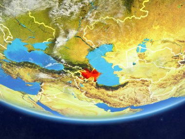 Azerbaycan gerçekçi bir model ülke sınırları ve çok detaylı gezegenin yüzey ve bulutlar Dünya gezegeni üzerinde. 3D çizim. Nasa tarafından döşenmiş bu görüntü unsurları.