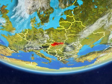 Slovakya gerçekçi bir model ülke sınırları ve çok detaylı gezegenin yüzey ve bulutlar Dünya gezegeni üzerinde. 3D çizim. Nasa tarafından döşenmiş bu görüntü unsurları.