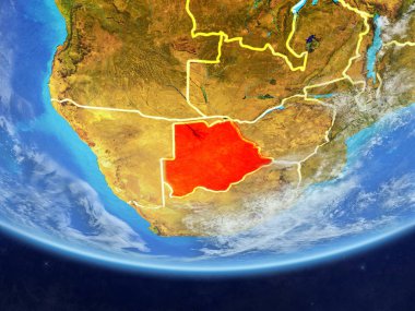 Botswana ülke sınırları ve çok detaylı gezegenin yüzey ve bulutlar Dünya gezegeninin gerçekçi model üzerinde. 3D çizim. Nasa tarafından döşenmiş bu görüntü unsurları.