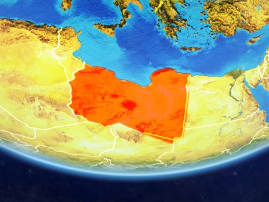 Libya gerçekçi bir model ülke sınırları ve çok detaylı gezegenin yüzey ve bulutlar Dünya gezegeni üzerinde. 3D çizim. Nasa tarafından döşenmiş bu görüntü unsurları.