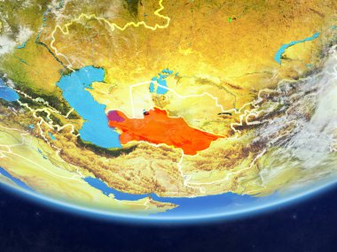Türkmenistan ülke sınırları ve çok detaylı gezegenin yüzey ve bulutlar Dünya gezegeninin gerçekçi model üzerinde. 3D çizim. Nasa tarafından döşenmiş bu görüntü unsurları.