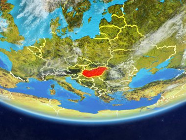 Macaristan ülke sınırları ve çok detaylı gezegenin yüzey ve bulutlar Dünya gezegeninin gerçekçi model üzerinde. 3D çizim. Nasa tarafından döşenmiş bu görüntü unsurları.