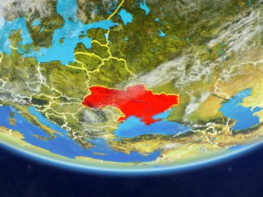 Ukrayna gerçekçi bir model ülke sınırları ve çok detaylı gezegenin yüzey ve bulutlar Dünya gezegeni üzerinde. 3D çizim. Nasa tarafından döşenmiş bu görüntü unsurları.
