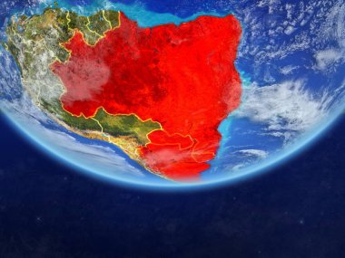 Mercosur memebers gerçekçi bir model ülke sınırları ve çok detaylı gezegenin yüzey ve bulutlar Dünya gezegeni üzerinde. 3D çizim. Nasa tarafından döşenmiş bu görüntü unsurları.