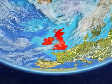 Britanya Adaları ile ülke sınırları ve çok detaylı gezegenin yüzeyi ve bulutlar Dünya gezegeninin gerçekçi model üzerinde. 3D çizim. Nasa tarafından döşenmiş bu görüntü unsurları.