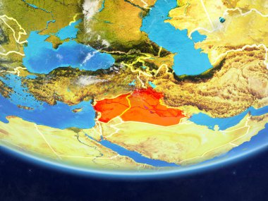 İslam devleti gerçekçi bir model ülke sınırları ve çok detaylı gezegenin yüzey ve bulutlar Dünya gezegeni üzerinde. 3D çizim. Nasa tarafından döşenmiş bu görüntü unsurları.