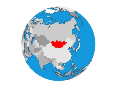 Moğolistan mavi siyasi 3d dünya üzerinde. 3d illüstrasyon izole beyaz arka plan üzerinde.