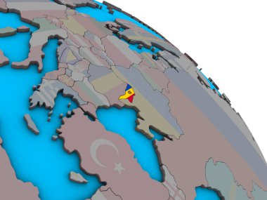 Moldova ile basit mavi siyasi 3d dünya üzerinde katıştırılmış ulusal bayrak. 3D çizim.