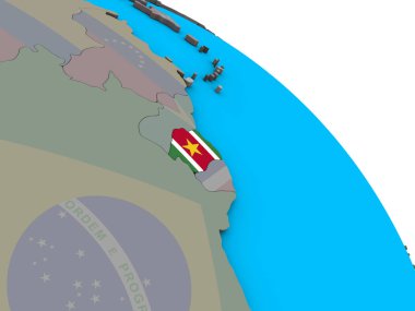 Surinam basit mavi siyasi 3d dünya üzerinde katıştırılmış ulusal bayrak ile. 3D çizim.