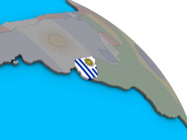 Uruguay ile basit mavi siyasi 3d dünya üzerinde katıştırılmış ulusal bayrak. 3D çizim.