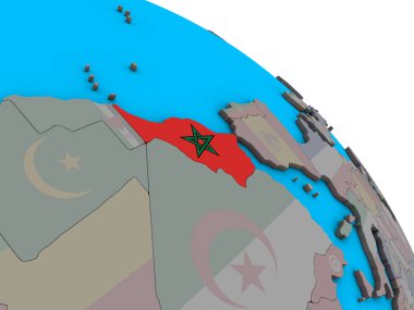 Fas ile basit mavi siyasi 3d dünya üzerinde katıştırılmış ulusal bayrak. 3D çizim.