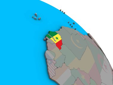 Senegal ile basit mavi siyasi 3d dünya üzerinde katıştırılmış ulusal bayrak. 3D çizim.