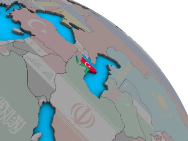 Azerbaycan ile basit mavi siyasi 3d dünya üzerinde katıştırılmış ulusal bayrak. 3D çizim.