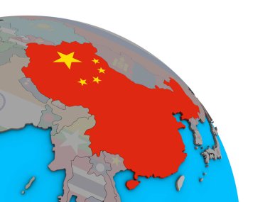 Çin ile basit mavi siyasi 3d dünya üzerinde katıştırılmış ulusal bayrak. 3D çizim.