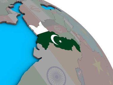Pakistan ile basit mavi siyasi 3d dünya üzerinde katıştırılmış ulusal bayrak. 3D çizim.