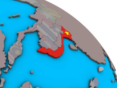 Vietnam ile basit mavi siyasi 3d dünya üzerinde katıştırılmış ulusal bayrak. 3D çizim.