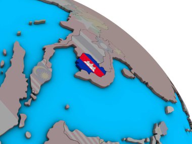 Kamboçya ile basit mavi siyasi 3d dünya üzerinde katıştırılmış ulusal bayrak. 3D çizim.