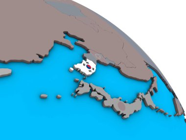 Güney Kore ile basit mavi siyasi 3d dünya üzerinde katıştırılmış ulusal bayrak. 3D çizim.