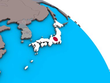 Japonya ile basit mavi siyasi 3d dünya Ulusal bayrağını gömülü. 3D çizim.