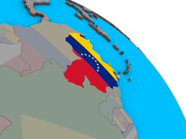 Venezuela ile basit mavi siyasi 3d dünya üzerinde katıştırılmış ulusal bayrak. 3D çizim.