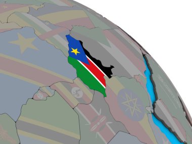 Güney Sudan basit mavi siyasi 3d dünya üzerinde katıştırılmış ulusal bayrak ile. 3D çizim.