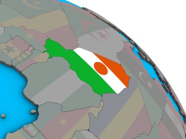 Nijer basit mavi siyasi 3d dünya üzerinde katıştırılmış ulusal bayrak ile. 3D çizim.