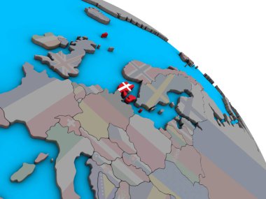 Danimarka ile basit mavi siyasi 3d dünya üzerinde katıştırılmış ulusal bayrak. 3D çizim.